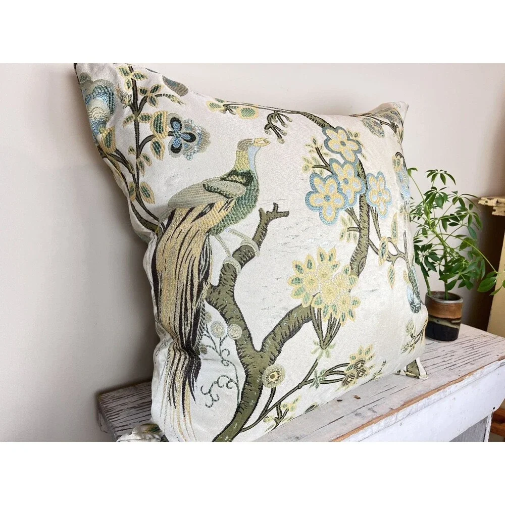 Vintage Hollywood Regency Peacock Flowers And Birds Pillow 22”x22” Estate Decor
